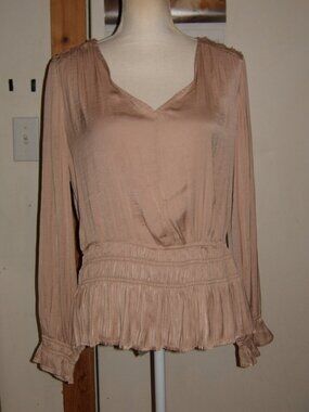 Philosophy Tan V-Neck Top Pleated Hem L